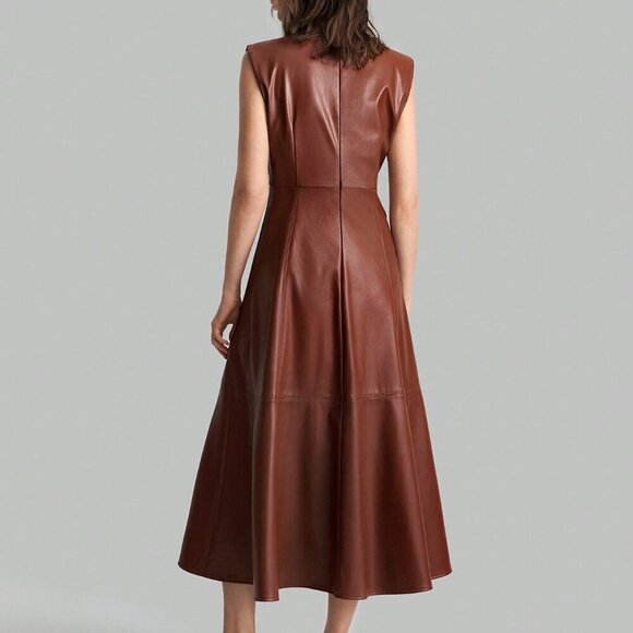 Brown Elegant Women's Round Neck Sleeveless Wide Shoulder PU Dress - Picture 4 of 9